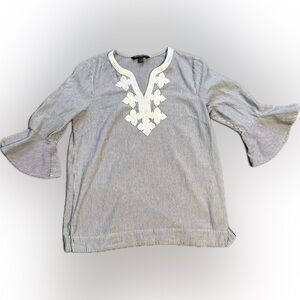 💥Woman Striped Blouse 3/4 Bell Sleeves Tunic Appliqué Embellishment Large